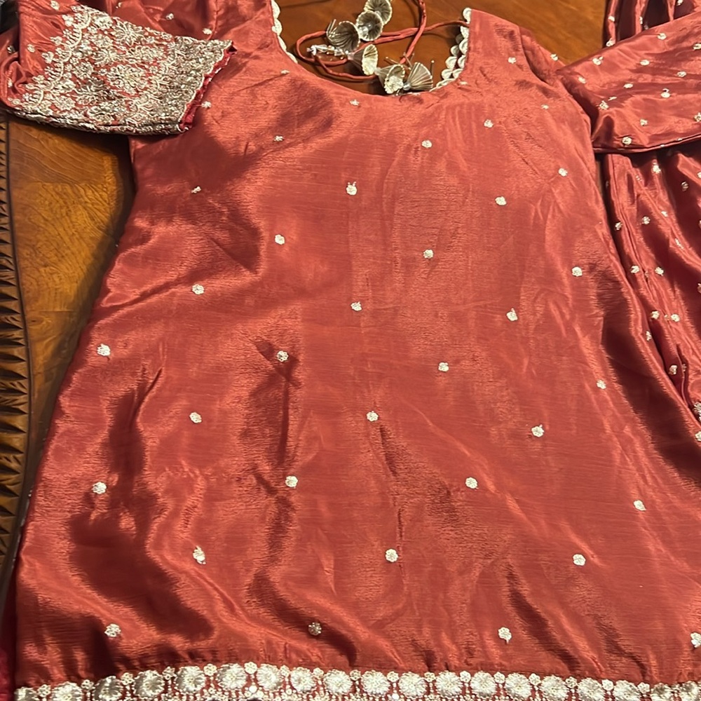 Elegant rust color lehenga with long top with crystal work - Picture 15 of 15